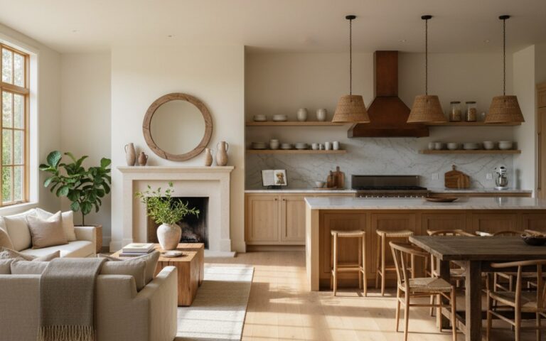 Intérieur chaleureux d'une maison avec lumière naturelle et matériaux durables.