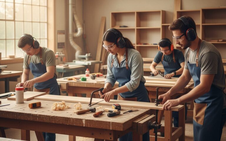 Atelier de menuiserie avec des élèves construisant une étagère en bois.