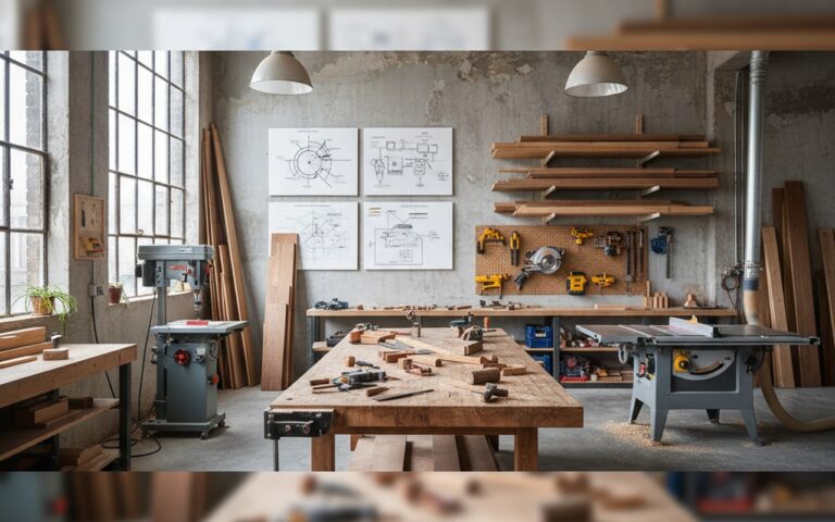 Atelier de menuiserie moderne avec outils et matériaux en bois