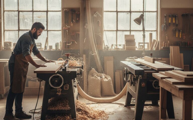 Menuisier utilisant une dégauchisseuse et une raboteuse dans un atelier de menuiserie.