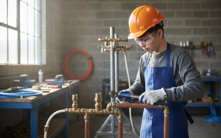 Étudiant en formation bricolage utilisant des outils de plomberie en toute sécurité.