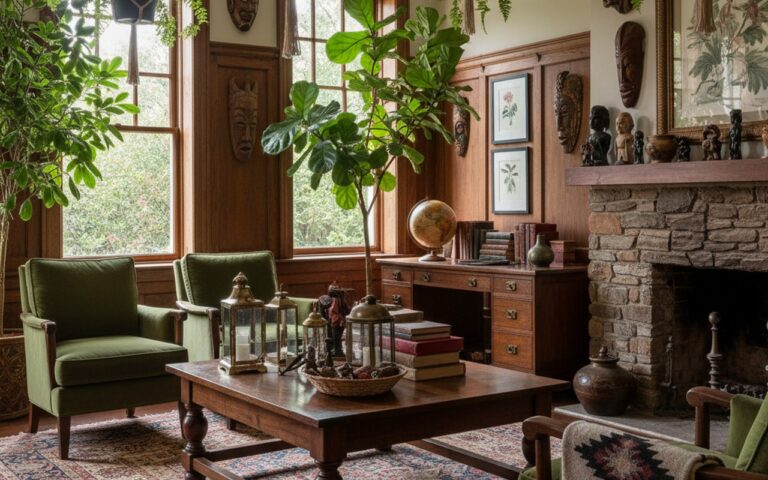 Intérieur chaleureux d'une maison coloniale avec meubles en bois et décoration ethnique.