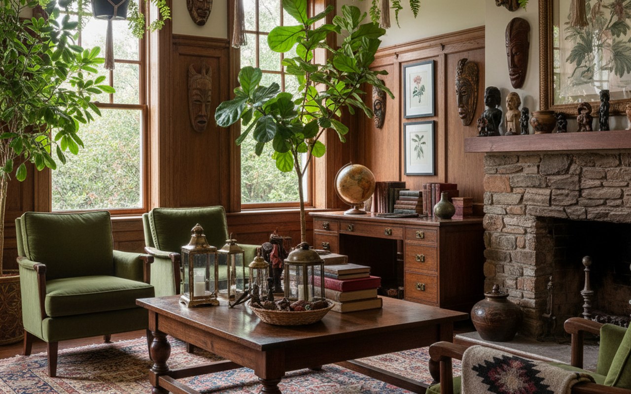 Intérieur chaleureux d'une maison coloniale avec meubles en bois et décoration ethnique.