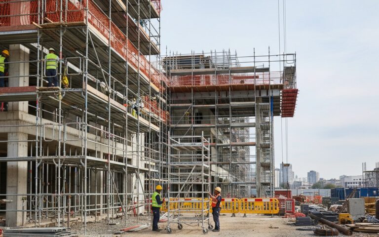 Chantier avec différents types d'échafaudages en action, illustrant la location d'échafaudage.