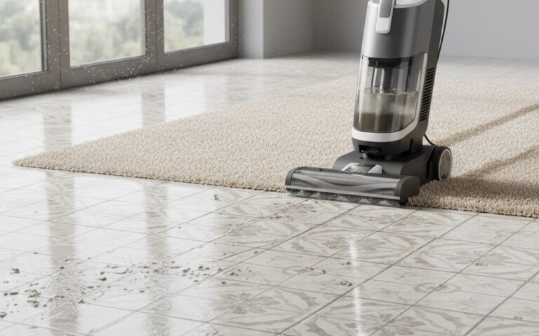 Aspirateur laveur moderne nettoyant un sol en carrelage avec des traces de saleté.