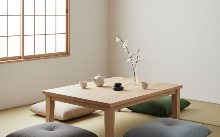 Table japonaise basse en bois clair dans un salon minimaliste et zen.