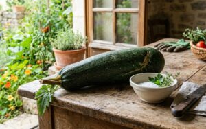 Grande courgette du jardin sur une table de cuisine