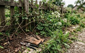 Ronces envahissantes dans un jardin avant désherbage