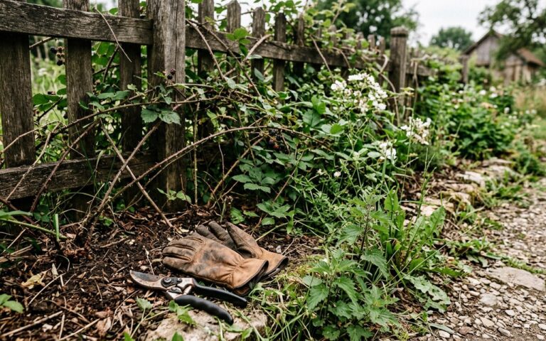 Ronces envahissantes dans un jardin avant désherbage