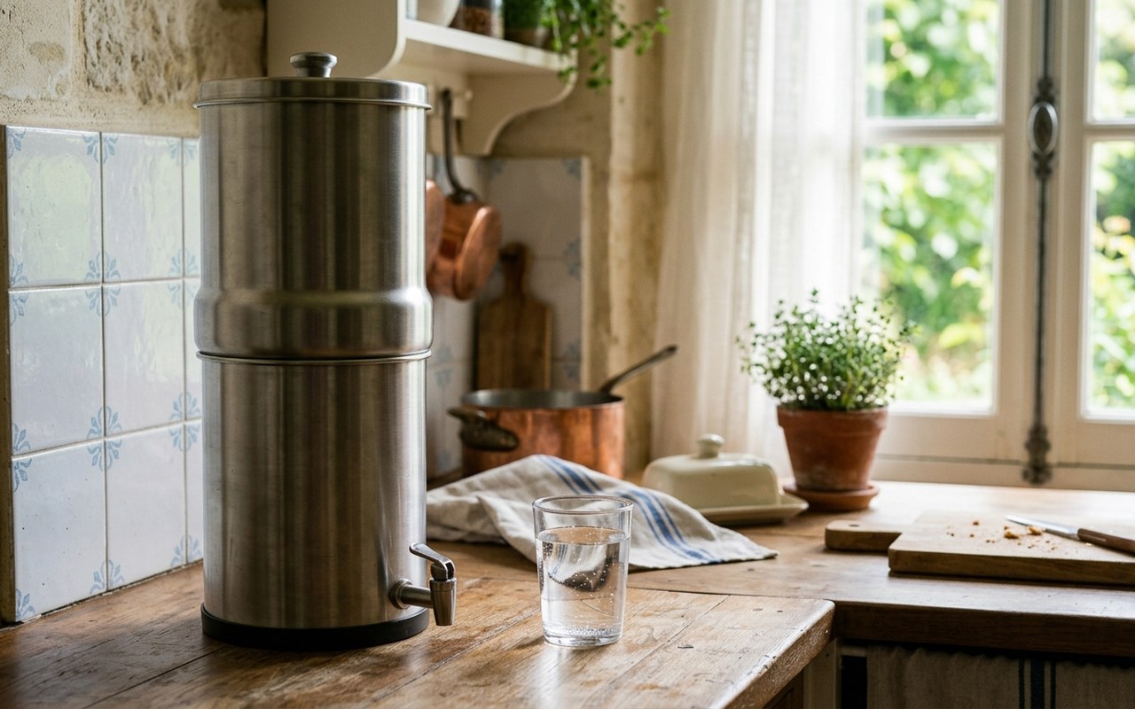 Filtre à eau domestique et verre d’eau sur plan de travail