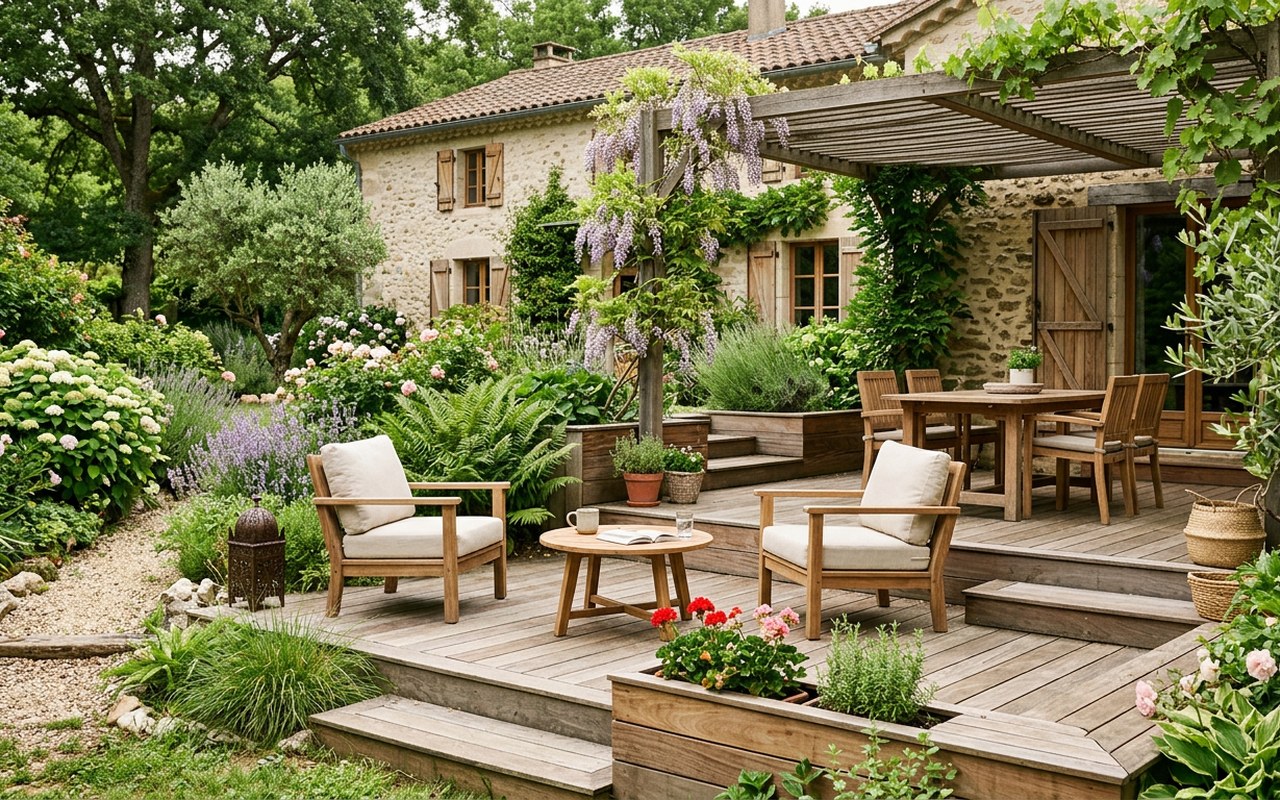 Terrasse extérieure en bois dans un jardin