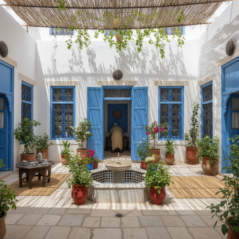 Illustration réaliste sur La maison traditionnelle tunisienne : patio, intimité et climat méditerranéen