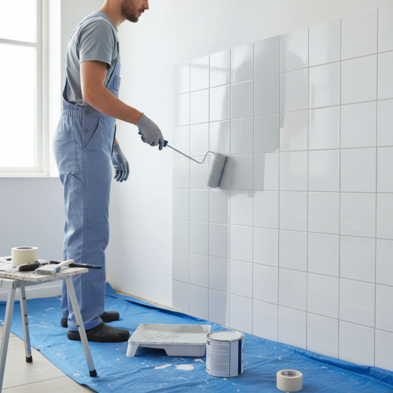 Illustration réaliste sur Peindre le carrelage d’une salle de bain : guide complet