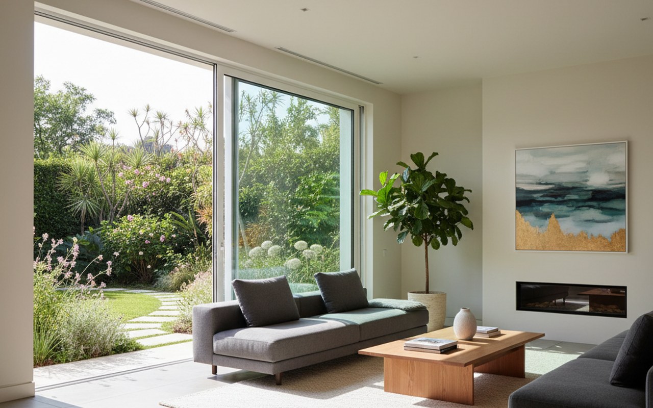 Salon moderne avec fenêtre coulissante en PVC ouverte, lumière du matin et vue sur jardin.