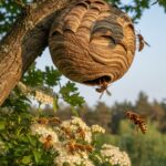 Nid de frelon asiatique dans un arbre avec des abeilles butinant à proximité.