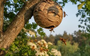 Nid de frelon asiatique dans un arbre avec des abeilles butinant à proximité.