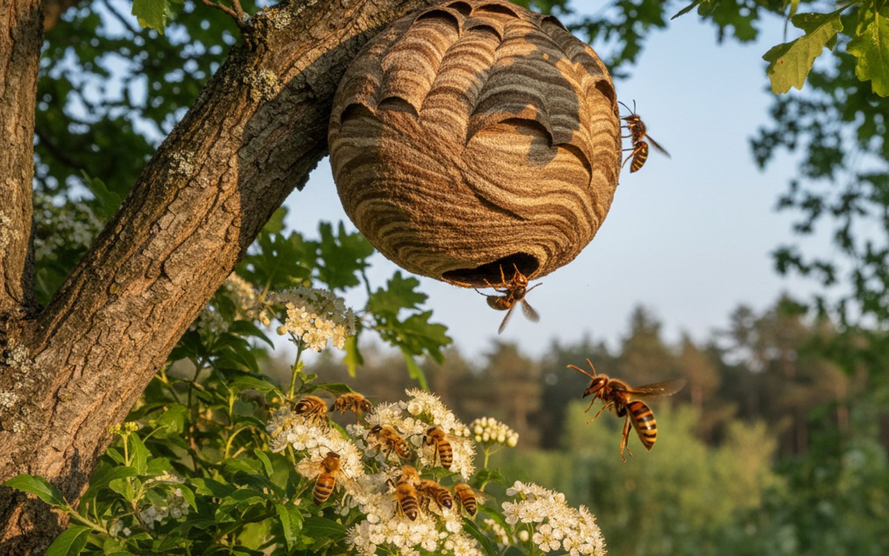 Nid de frelon asiatique dans un arbre avec des abeilles butinant à proximité.