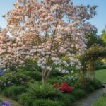 Un magnolia en fleur dans un jardin, avec des fleurs blanches et roses sous un ciel bleu.