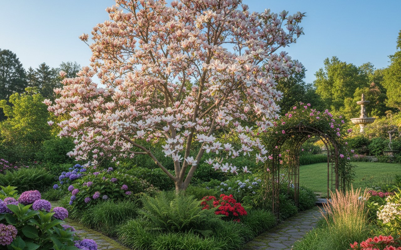 Un magnolia en fleur dans un jardin, avec des fleurs blanches et roses sous un ciel bleu.