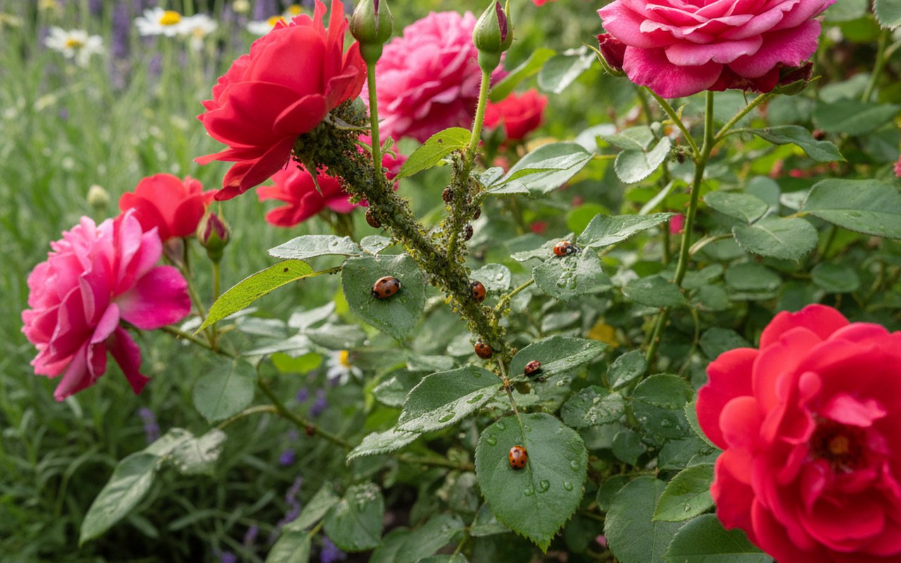 Rosier avec pucerons et coccinelles dans un jardin.