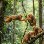 Un groupe de tamarins dans la canopée d'une forêt tropicale, illustrant leur comportement social.