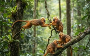 Un groupe de tamarins dans la canopée d'une forêt tropicale, illustrant leur comportement social.