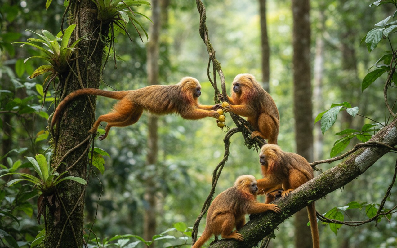 Un groupe de tamarins dans la canopée d'une forêt tropicale, illustrant leur comportement social.
